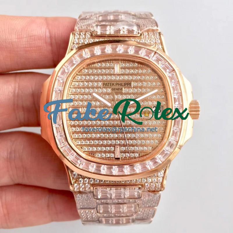 Replica Patek Philippe Nautilus Jumbo 5719/10G-010 DM Rose Gold & Diamonds Diamond Dial Swiss 324SC