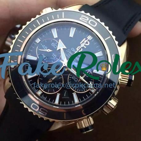 Replica Omega Seamaster Planet Ocean Chronograph 45MM Rose Gold Black Dial Swiss 7750