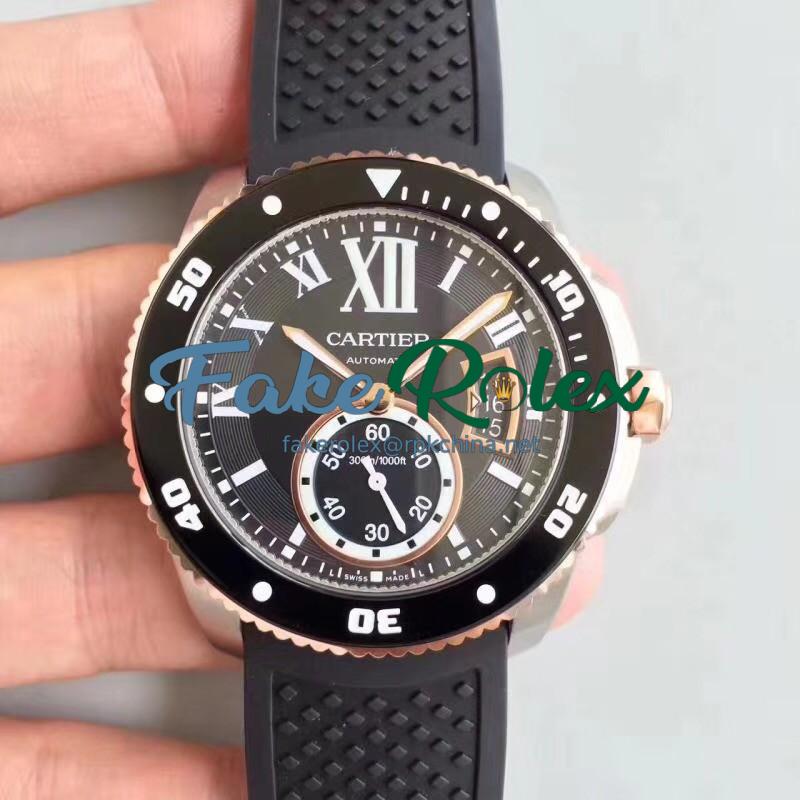 Replica Calibre De Cartier Diver W7100055 42MM JJ Stainless Steel Black Dial M9015