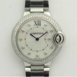 Replica Ballon Bleu De Cartier Ladies 33MM V6 Stainless Steel & Diamond Mother Of Pearl Dial Swiss Ronda Quartz