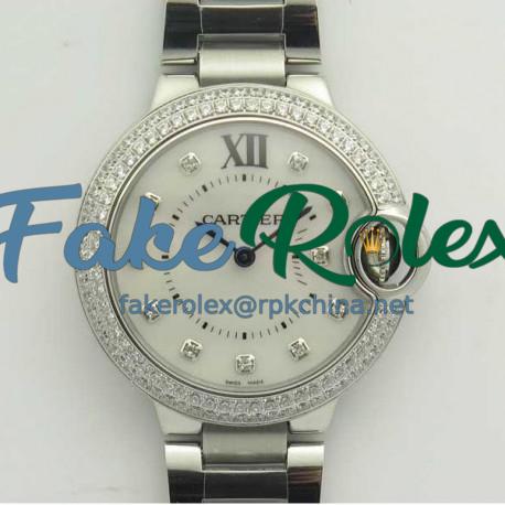 Replica Ballon Bleu De Cartier Ladies 33MM V6 Stainless Steel & Diamond Mother Of Pearl Dial Swiss Ronda Quartz