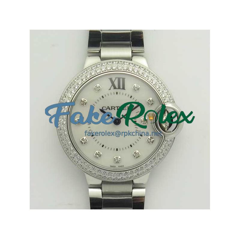 Replica Ballon Bleu De Cartier Ladies 33MM V6 Stainless Steel & Diamond Mother Of Pearl Dial Swiss Ronda Quartz