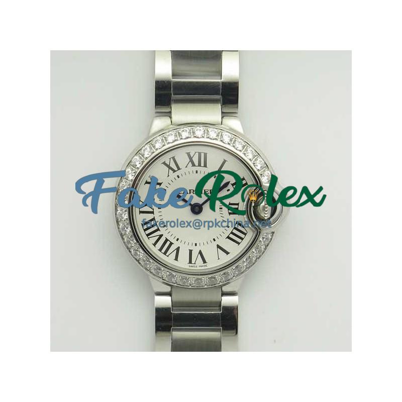 Replica Ballon Bleu De Cartier Ladies 28MM W4BB0015 V6 Stainless Steel & Diamond White Dial Swiss Ronda Quartz