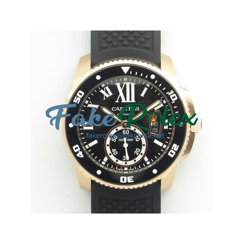 Replica Calibre De Cartier Diver W7100052 42MM JF Rose Gold Black Dial A23J