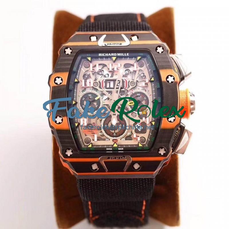 Replica Richard Mille RM011-03 McLaren Automatic Flyback Chronograph KV Brown & Orange Forged Carbon Skeleton Dial Swiss 7750