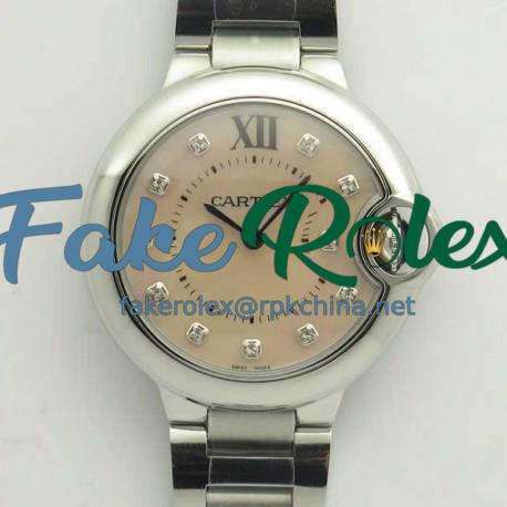 Replica Ballon Bleu De Cartier Ladies 33MM  W6920100 V6 Stainless Steel Pink Mother Of Pearl Dial Swiss Ronda Quartz