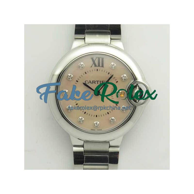 Replica Ballon Bleu De Cartier Ladies 33MM  W6920100 V6 Stainless Steel Pink Mother Of Pearl Dial Swiss Ronda Quartz