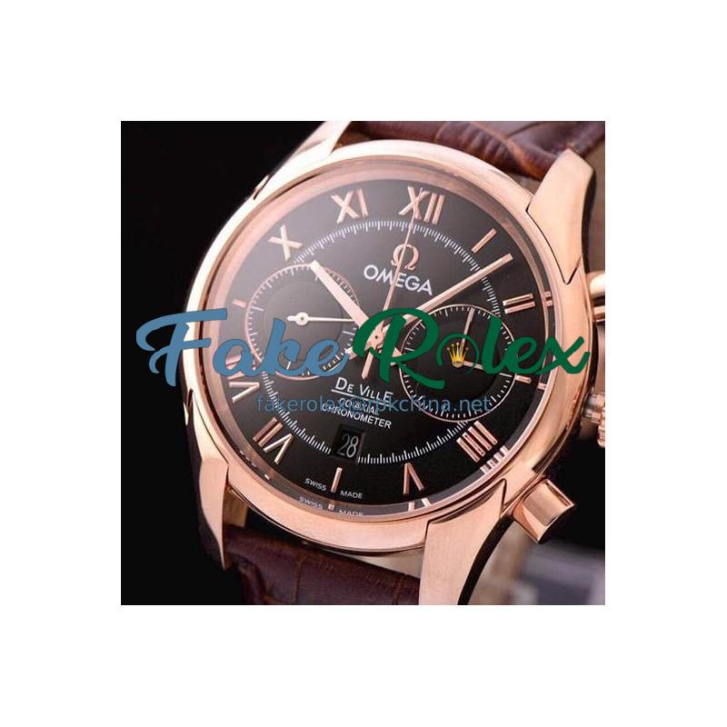 Replica Omega De Ville 42MM Chronograph Rose Gold Black Dial Swiss 9301