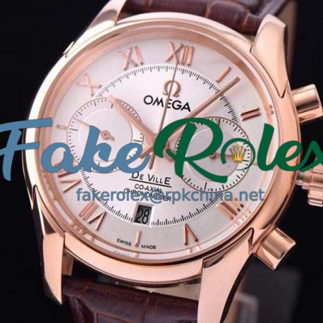 Replica Omega De Ville 42MM Chronograph Rose Gold White Dial Swiss 9301