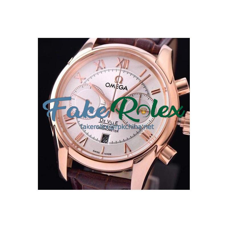 Replica Omega De Ville 42MM Chronograph Rose Gold White Dial Swiss 9301