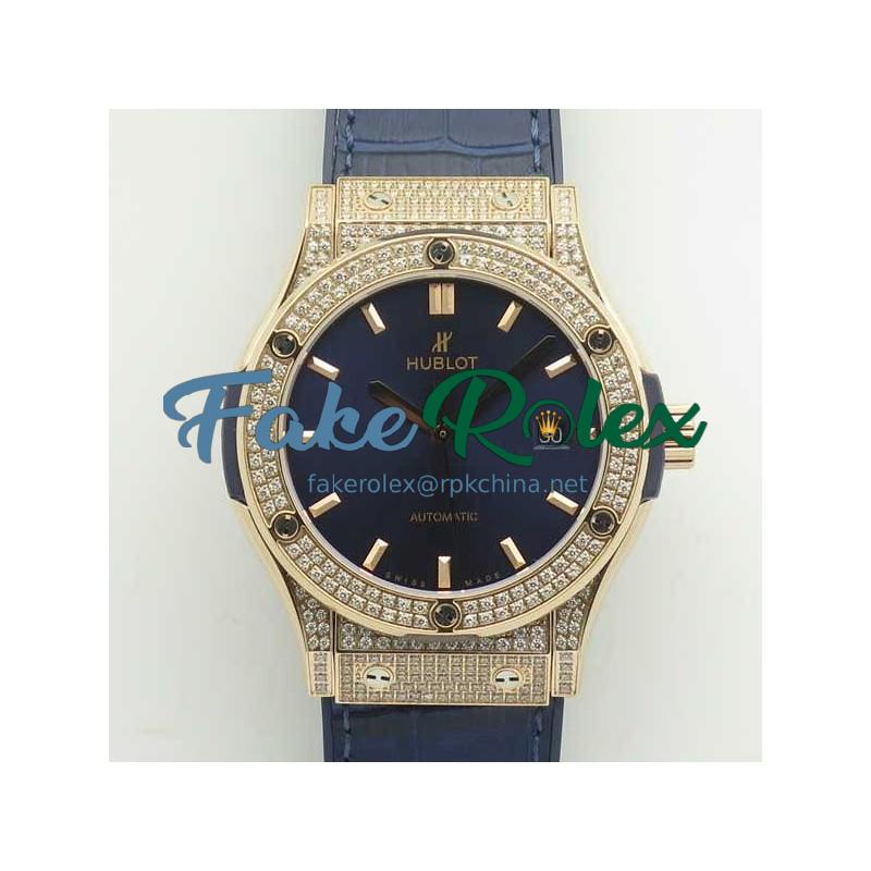 Replica Hublot Classic Fusion King Gold Pave 42MM 511.OX.1181.LR.1704 F16 Rose Gold & Diamonds Blue Dial Swiss 2892