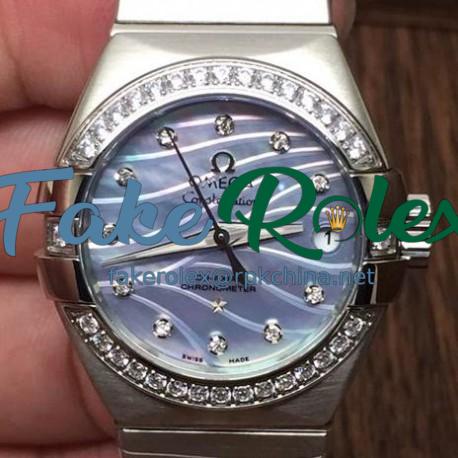 Replica Omega Constellation Double Eagle Lady 27MM Stainless Steel & Diamonds Blue Dial Swiss 8520