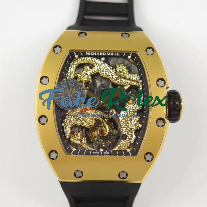 Replica Richard Mille RM057 Tourbillon Dragon  Jackie Chan TW Yellow Gold Black & Yellow Gold Skeleton Dial  Swiss Tourbillon