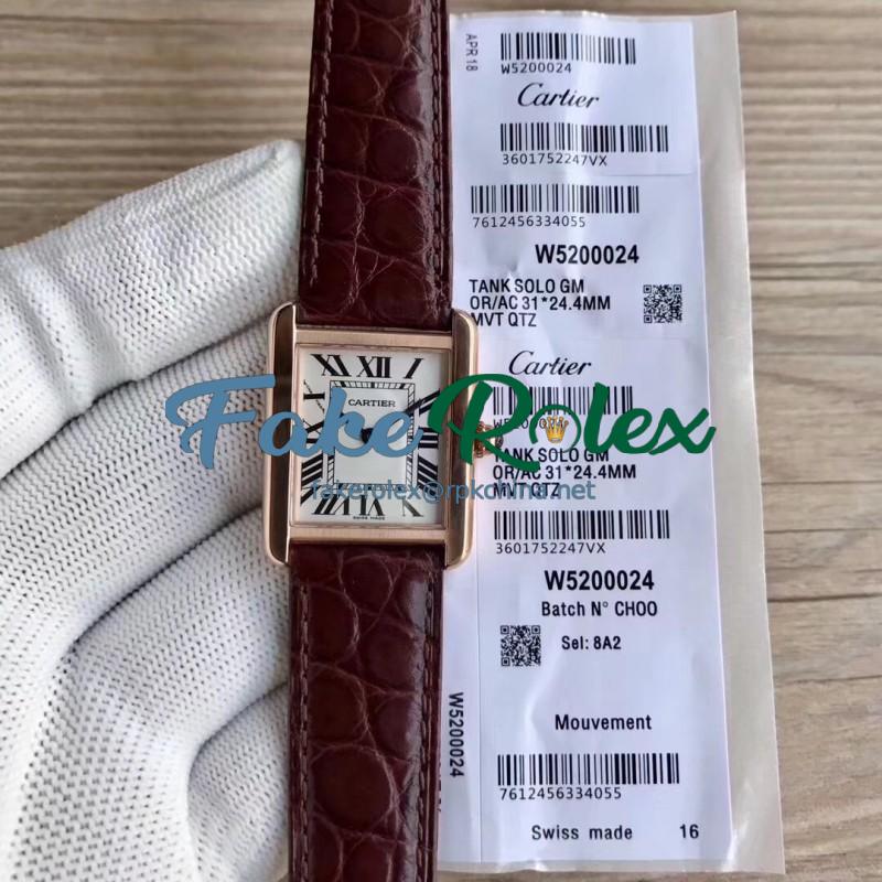 Replica Cartier Tank Solo Ladies 31MM W5200024 TK Rose Gold Silver Dial Swiss Ronda Quartz