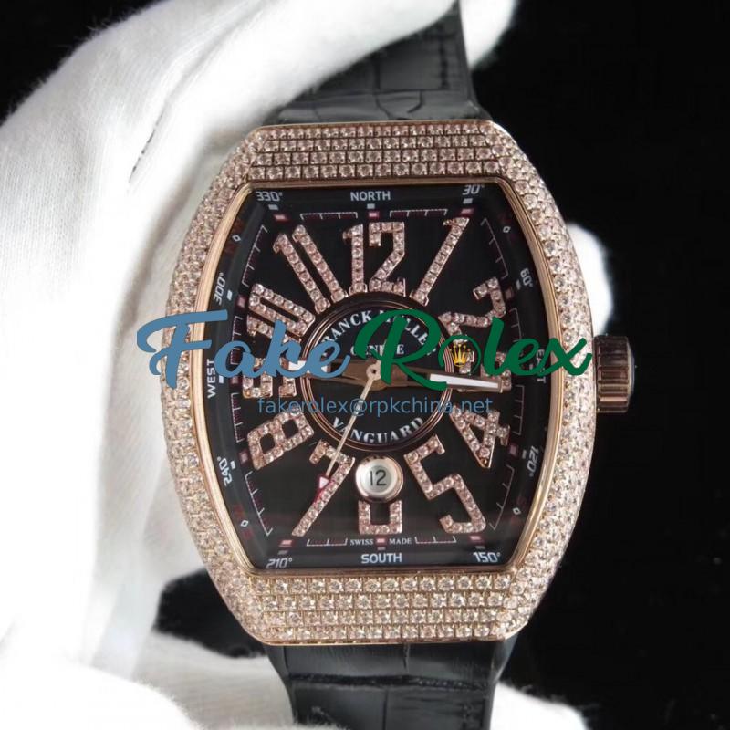 Replica Franck Muller Vanguard V45 SC DT OX Rose Gold & Diamond Black Dial Swiss 2824-2