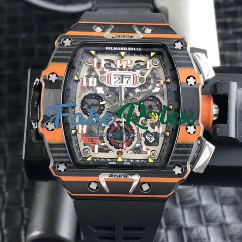 Replica Richard Mille RM011-03 McLaren Automatic Flyback Chronograph KV Black & Orange Forged Carbon Skeleton Dial Swiss 7750