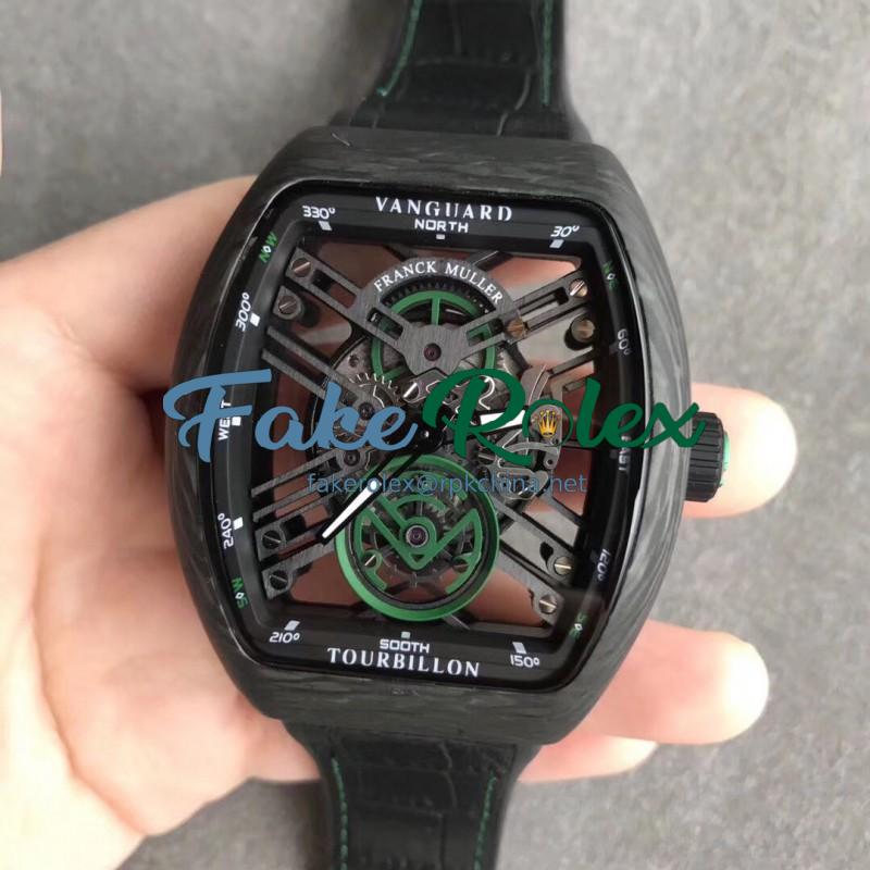 Replica Franck Muller Vanguard Skeleton V 45 S6 SQT CARBONE NR N Carbon Fiber Black & Green Skeleton Dial M9015