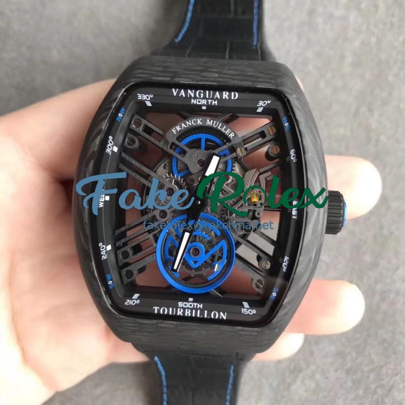 Replica Franck Muller Vanguard Skeleton V 45 S6 SQT CARBONE NR N Carbon Fiber Black & Blue Skeleton Dial M9015