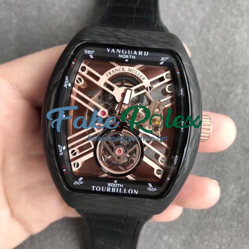 Replica Franck Muller Vanguard Skeleton V 45 S6 SQT CARBONE NR N Carbon Fiber Black & Rose gold Skeleton Dial M9015