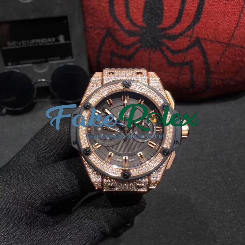 Replica Hublot Big Bang King Power Foudroyante Gold 715.PX.1128.RX HBB V6 Rose Gold & Diamonds Chocolate Dial Swiss 7750