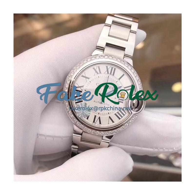 Replica Ballon Bleu De Cartier 33MM W4BB0016 TW Stainless Steel & Diamonds Silver Dial Seiko NH05A