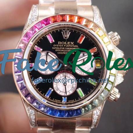 Replica Rolex Daytona Cosmograph Rainbow 116595RBOW BL Rose Gold & Diamonds Black Dial Swiss 4130 Run 6@SEC