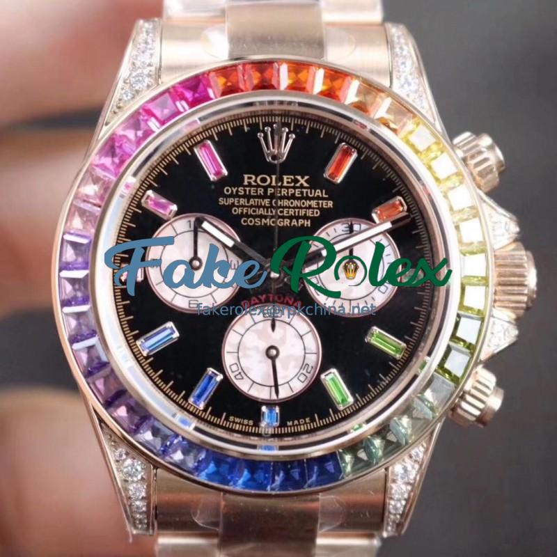 Replica Rolex Daytona Cosmograph Rainbow 116595RBOW BL Rose Gold & Diamonds Black Dial Swiss 4130 Run 6@SEC