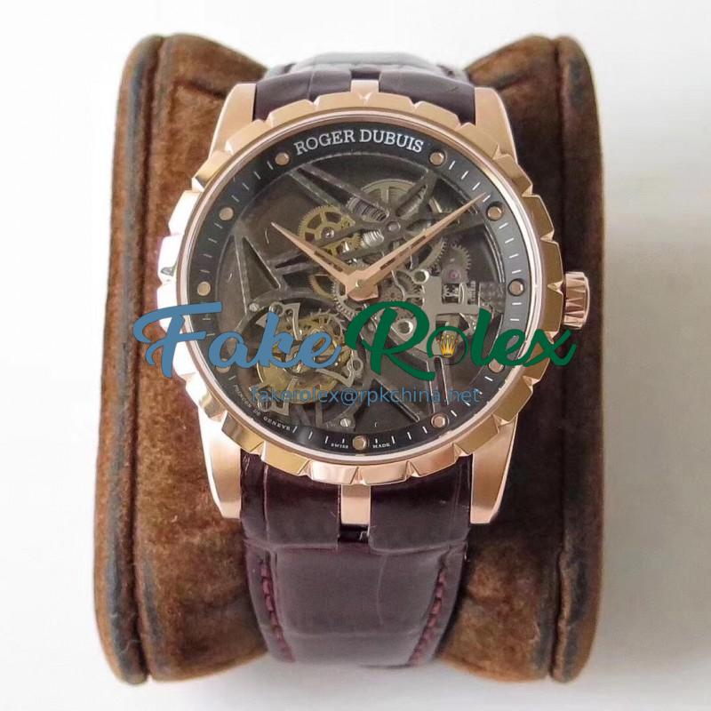 Replica Roger Dubuis Excalibur Skeleton Flying Tourbillon RDDBEX0392 BBR Rose Gold Skeleton Dial Swiss Tourbillon