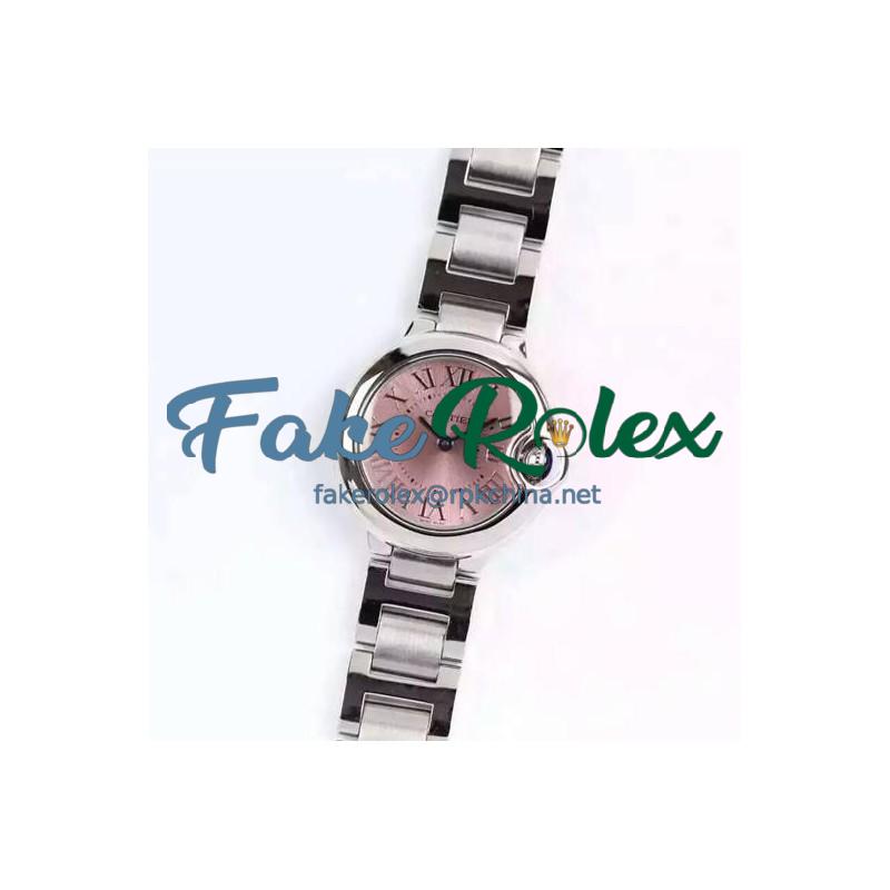 Replica Cartier Ballon Bleu 28MM Ladies Stainless Steel Pink Dial Swiss Ronda Quartz