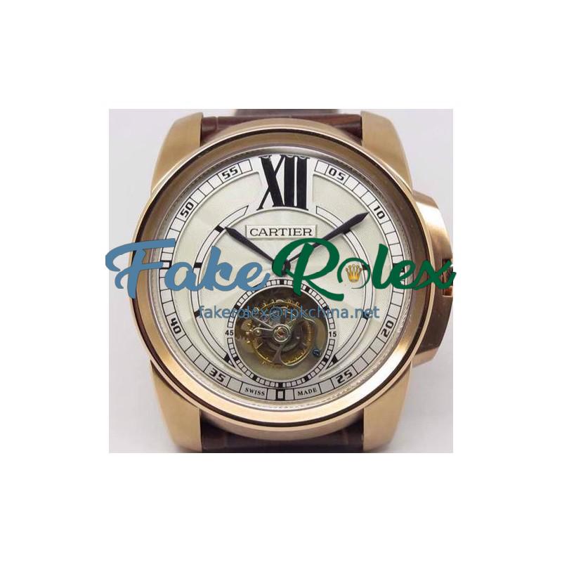 Replica Calibre De Cartier Tourbillon Rose Gold White Dial Swiss Tourbillon