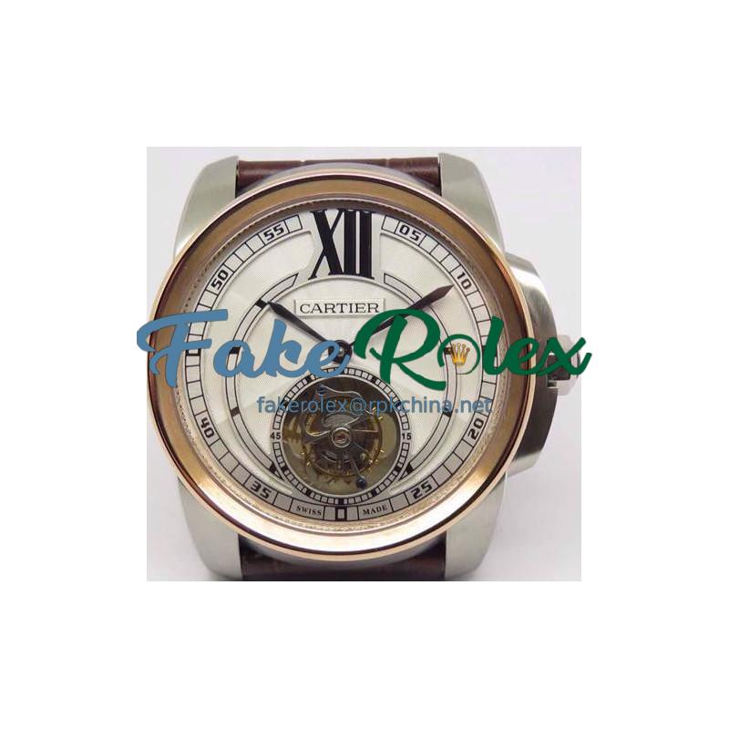 Replica Calibre De Cartier Tourbillon Stainless Steel & Rose Gold White Dial Swiss Tourbillon