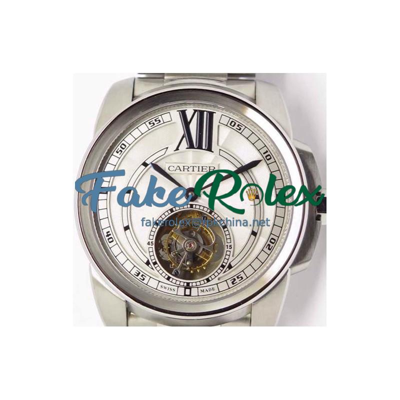 Replica Calibre De Cartier Tourbillon Stainless Steel White Dial Swiss Tourbillon