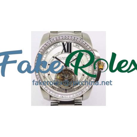 Replica Calibre De Cartier Tourbillon Stainless Steel & Diamonds White Dial Swiss Tourbillon