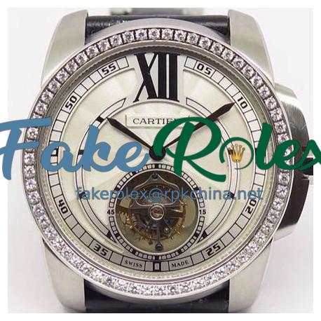 Replica Calibre De Cartier Tourbillon Stainless Steel & Diamonds White Dial Swiss Tourbillon