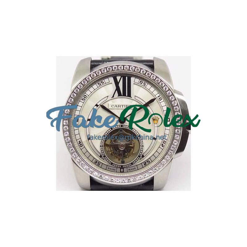 Replica Calibre De Cartier Tourbillon Stainless Steel & Diamonds White Dial Swiss Tourbillon