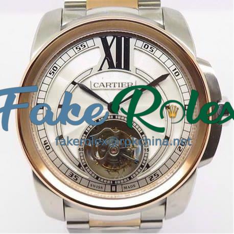 Replica Calibre de Cartier Tourbillon Stainless Steel & Rose Gold White Dial Swiss Tourbillon