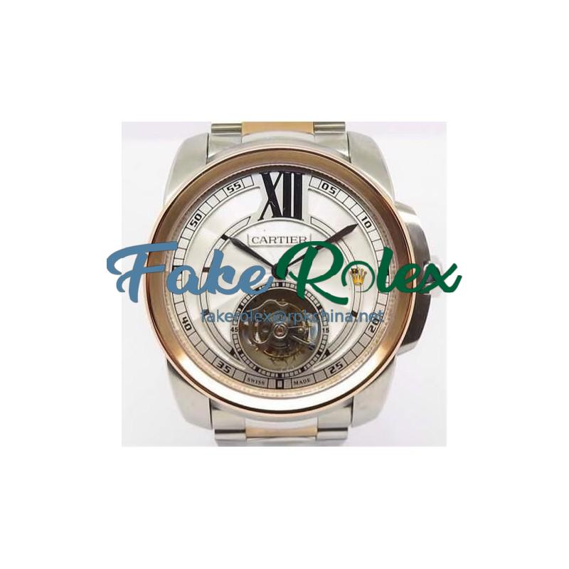 Replica Calibre de Cartier Tourbillon Stainless Steel & Rose Gold White Dial Swiss Tourbillon