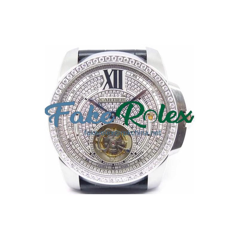 Replica Calibre de Cartier Tourbillon Stainless Steel & Diamonds Diamond Dial Swiss Tourbillon