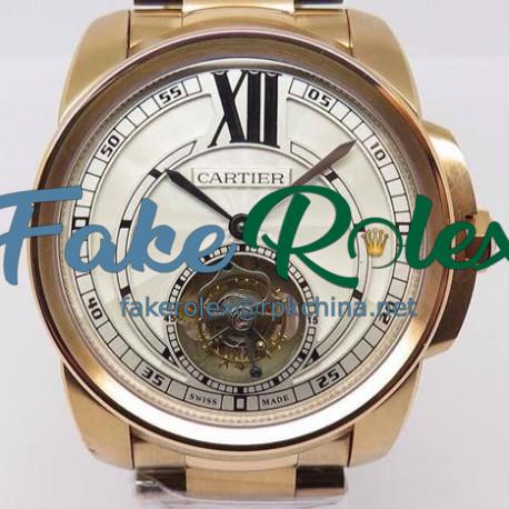 Replica Calibre De Cartier Tourbillon Rose Gold White Dial Swiss Tourbillon