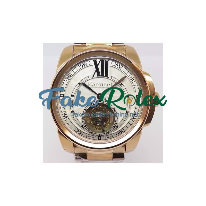 Replica Calibre De Cartier Tourbillon Rose Gold White Dial Swiss Tourbillon