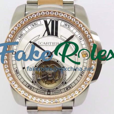 Replica Calibre De Cartier Tourbillon Stainless Steel & Rose Gold White Dial Swiss Tourbillon