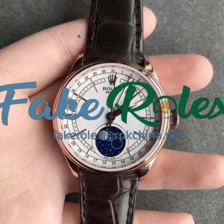 Replica Rolex Cellini Moonphase 50535 RXW Rose Gold White Dial Swiss 2824