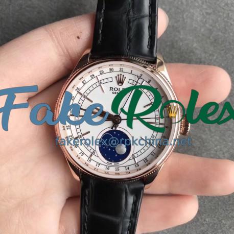 Replica Rolex Cellini Moonphase 50535 RXW Rose Gold White Dial Swiss 2824