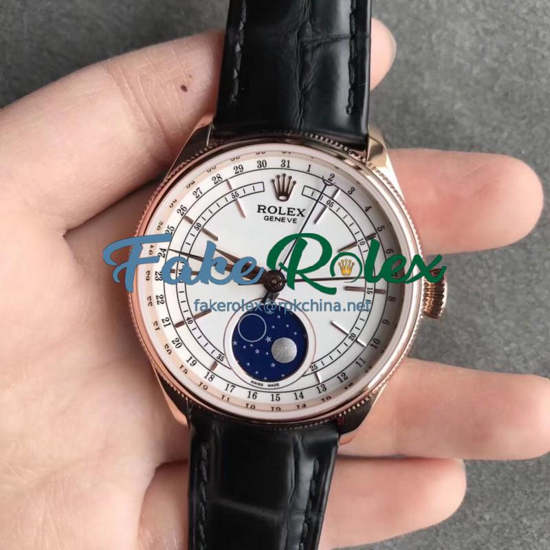 Replica Rolex Cellini Moonphase 50535 RXW Rose Gold White Dial Swiss 2824