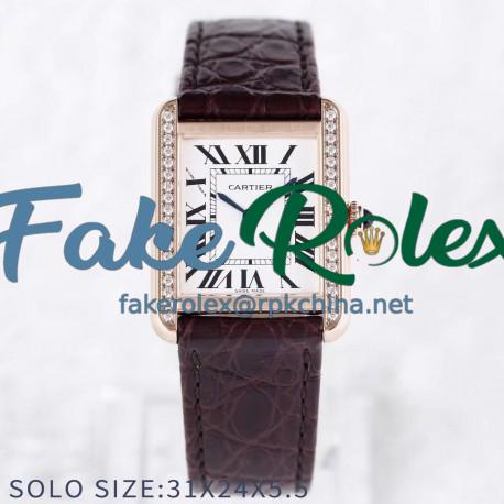 Replica Cartier Tank Solo Ladies 31MM AF Rose Gold & Diamonds White Dial Swiss Ronda Quartz