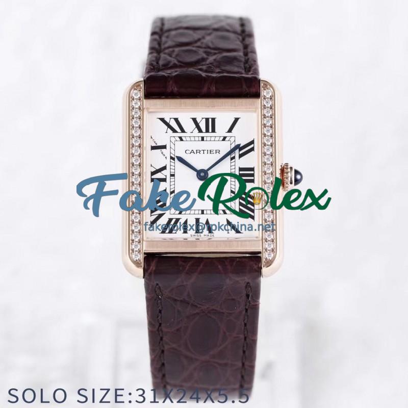 Replica Cartier Tank Solo Ladies 31MM AF Rose Gold & Diamonds White Dial Swiss Ronda Quartz