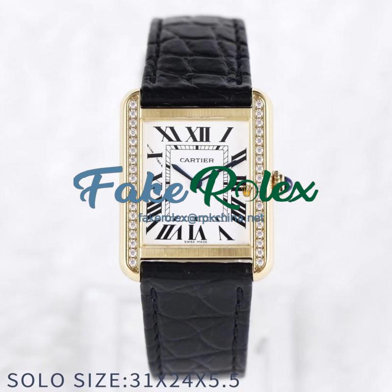 Replica Cartier Tank Solo Ladies 31MM AF Yellow Gold & Diamonds White Dial Swiss Ronda Quartz