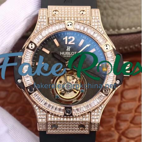 Replica Hublot Big Bang Tourbillon Solo Bang Noob Rose Gold & Diamonds Carbon Fiber Dial Swiss Tourbillon