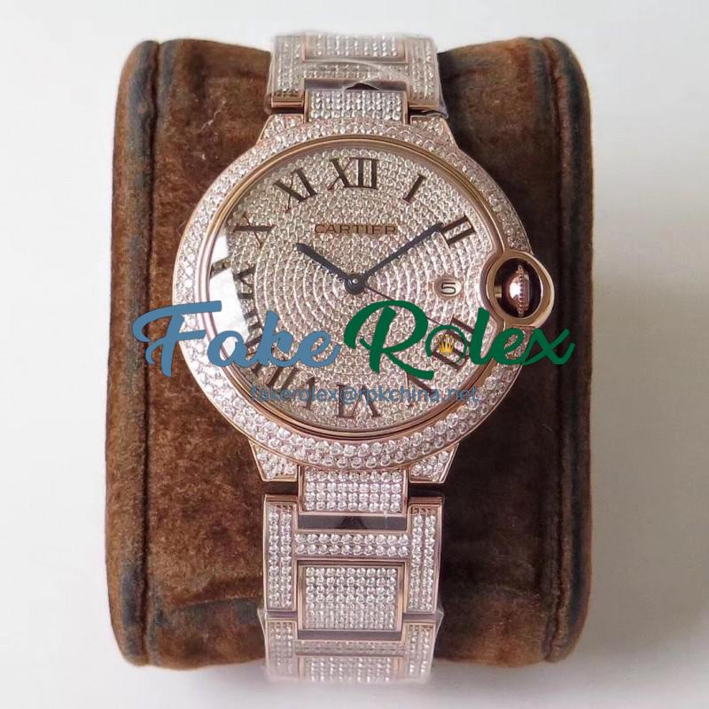 Replica Ballon Bleu De Cartier 42MM Full Paved Diamonds TW Rose Gold & Diamond Diamond Dial M9015