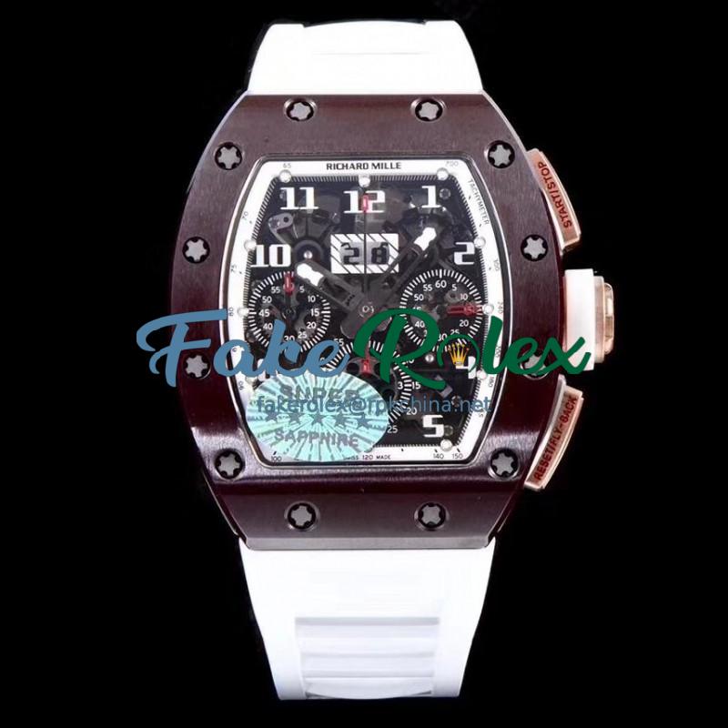 Replica Richard Mille RM011-FM Felipe Massa Flyback Dubai Chronograph KV Brown Ceramic White Skeleton Dial Swiss 7750